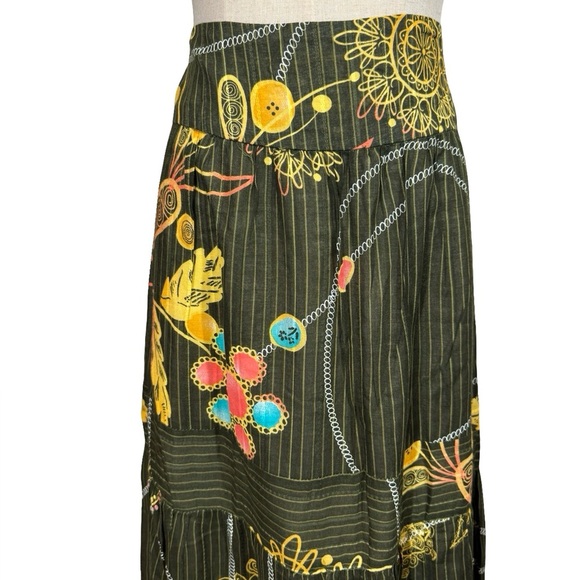 FARM Rio Olive Green Floral Tiered Midi Skirt with Yellow Embroidery - Picture 3 of 9